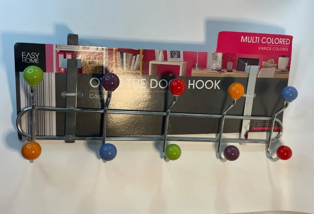 Easy Home Over The Door Hook Rack Hanger 10 Multi Colored Ball Knobs Chrome NEW